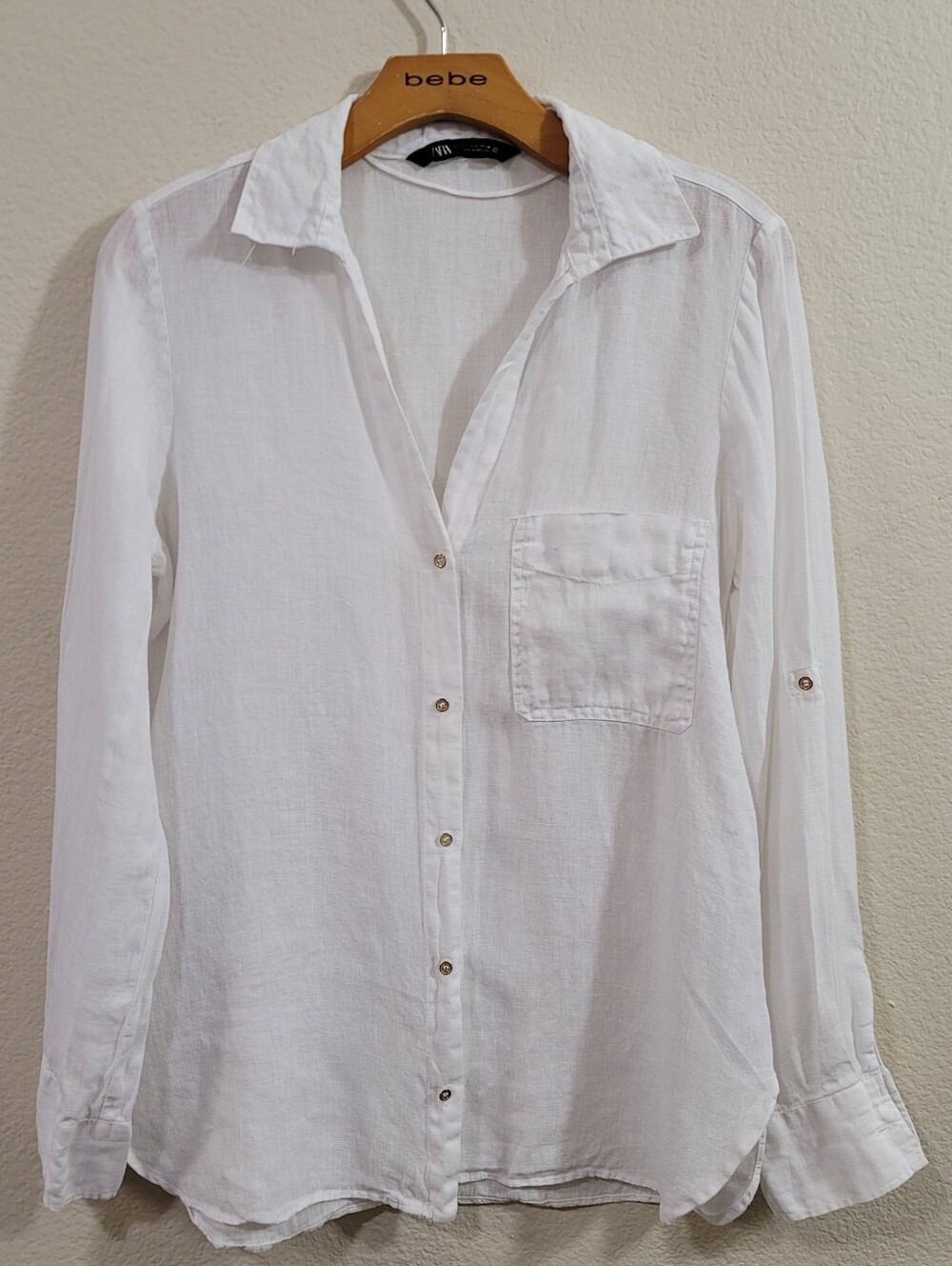 Zara 100% Linen White Button Down Shirt Roll Tab Sleeve S Gold Buttons